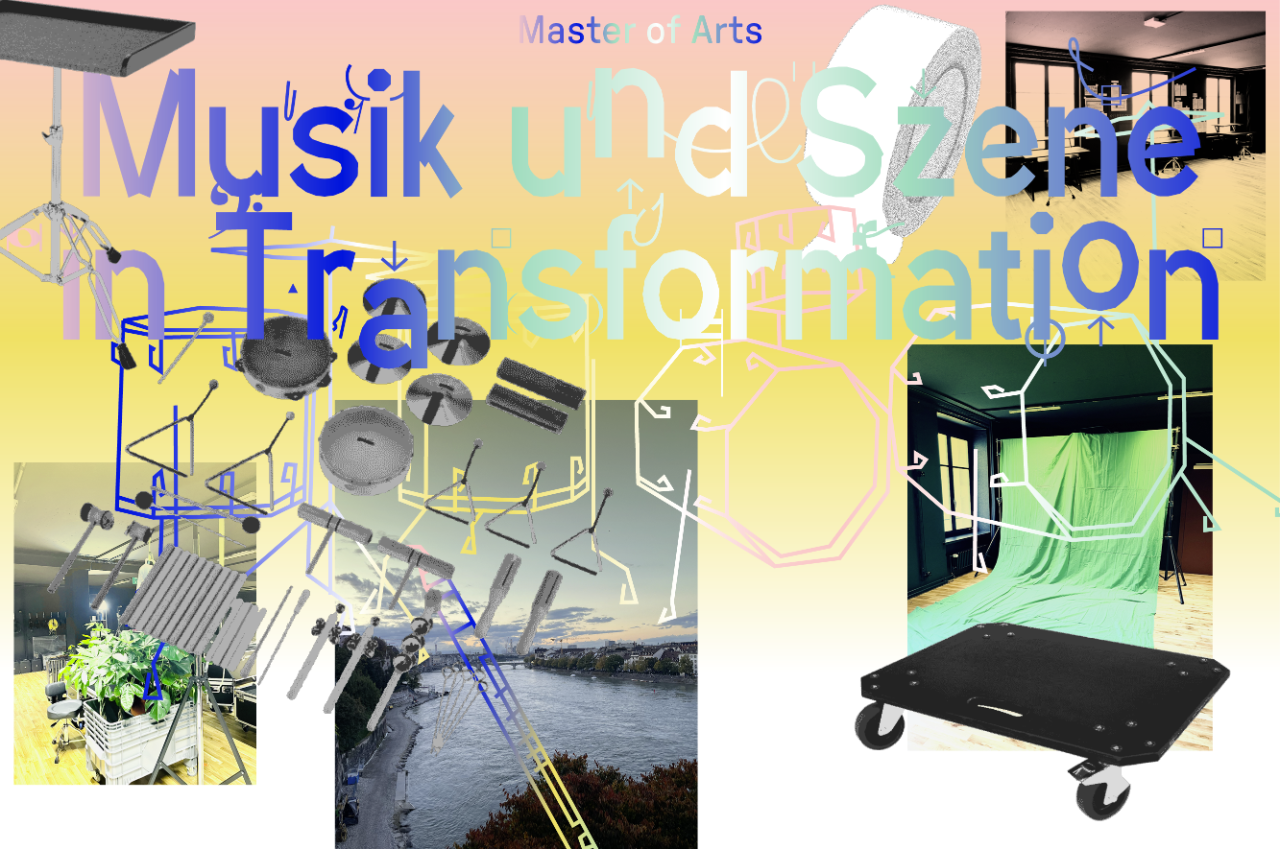 Schriftzug, Icons, Fotos, Collage zu Musik und Szene in Transformation